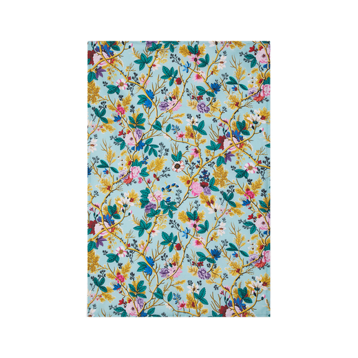 Tea towel featuring a floral pattern on a light blue background.